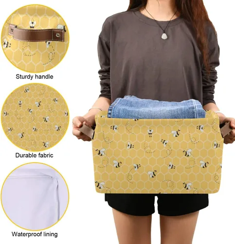 Miniatura 7 de Cesta de almacenamiento en cubo amarillo con peine de abeja y miel, caja de almacenamiento plegable grande para juguetes, organizador de lavandería
