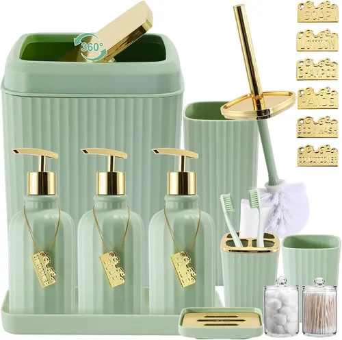 Miniatura 25 de 21PCS Bathroom Sets with Shower Curtain and Rugs Bathroom Accessories Set Beige Bathroom Set Complete with Trash Can, Toilet Brush, Qtip Holder &