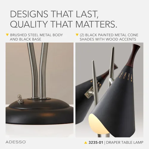 Miniatura 4 de Adesso 3235-01 Draper Lámpara de escritorio, 22 in., 2 x 60W incandescente/2 x 13W CFL, acero cepillado/pintado negro con acento de madera, 1