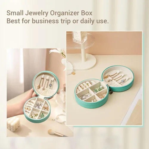 Miniatura 4 de CASEGRACE Joyero de viaje, pequeño joyero para mujer, mini organizador de joyas portátil con cremallera para anillos, aretes, collares, pulseras