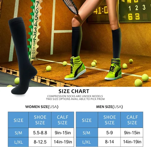 Miniatura 6 de hello momoya Calcetines de compresión para mujeres y hombres, hasta la rodilla, calcetines de correr de 15-20 mmHg para viajes atléticos