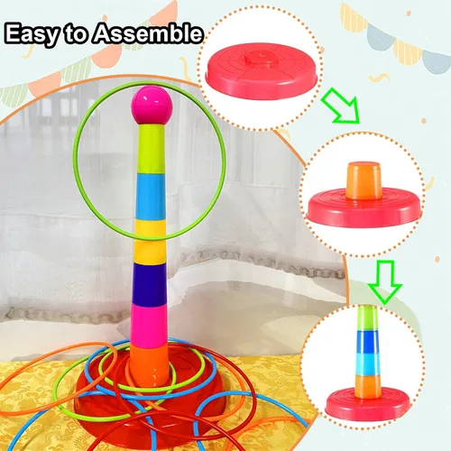 Miniatura 6 de Colorido juego de lanzamiento de anillos deportivos de plástico para niños, 2 columnas coloridas+48 anillos+12 bolsas de frijoles, juguetes