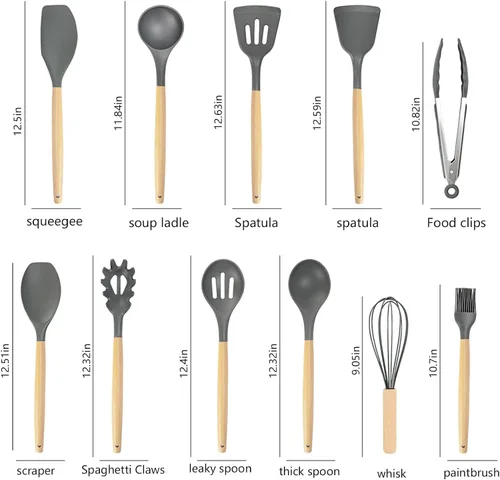 Miniatura 4 de Juego de utensilios de cocina y bloque de cuchillos de 19 piezas: 12 utensilios de cocina de silicona antiadherentes y resistentes al calor Gris