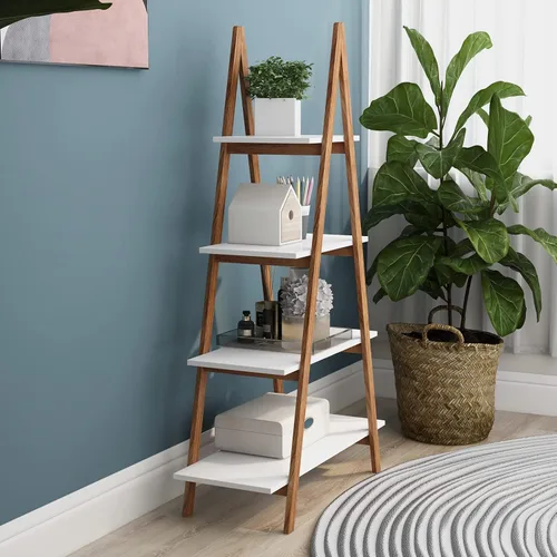 Miniatura 5 de Estantería de escalera blanca de 4 niveles, estantería de escalera de madera con marco en A, estantería moderna inclinada para sala de estar