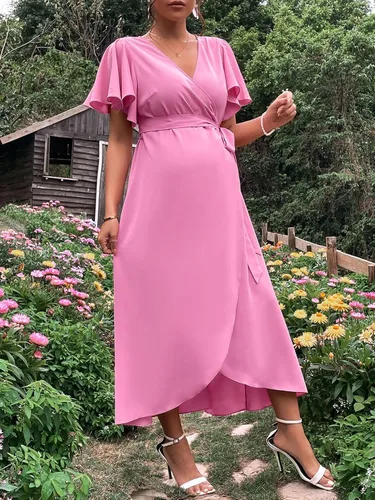 Miniatura 3 de Verdusa Vestido largo cruzado de maternidad para mujer, manga de mariposa, acampanado, con cinturón