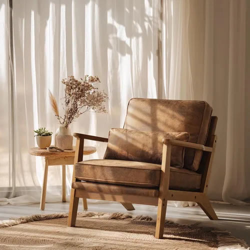 Miniatura 27 de VINGLI Silla de Acento de Madera Maciza con Reposabrazos Anchos, Silla Moderna Tapizada de Mediados de Siglo con Almohada, Cómoda Silla de Lectura