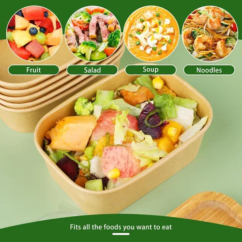 Miniatura 4 de Paquete de 25 cuencos de papel de 19 onzas, recipientes desechables con tapas, cuencos rectangulares desechables con tapas, cuencos de ensalada