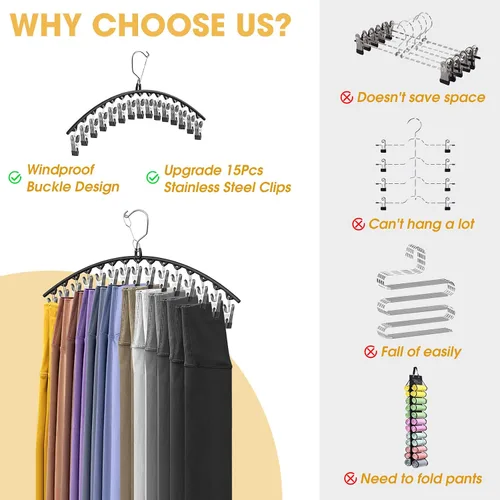 Miniatura 6 de Perchas para pantalones y faldas mejoradas con clips, organizador de leggings de metal para closet con 15 clips con capacidad para 60 leggings, Negro