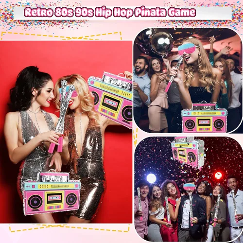 Miniatura 7 de El juego de radio Boombox de los años 80 y 90 incluye boombox para piñata y palo de murciélago, confeti de colores para adultos y niños, 80 y 90