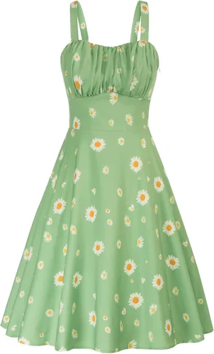 Belle Poque Vestido vintage sin mangas para mujer, diseño floral, fruncido, lindo, acampanado, con vuelo, largo hasta la rodilla