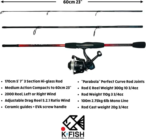 Miniatura 2 de Juego de combinación de pesca de peces K aparejados y listos. Caña compacta de 3 secciones de 66.9 in 5 pies 7 pulgadas, caja de aparejos y aparejos