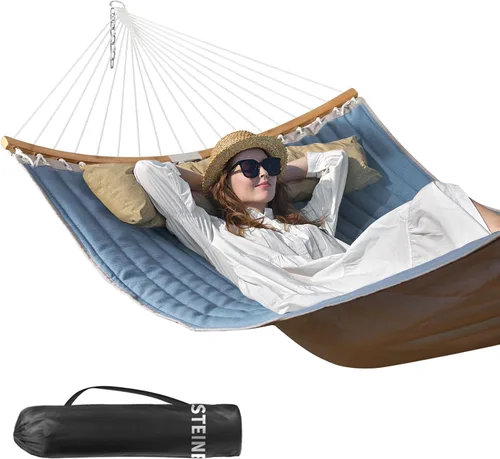 Miniatura 11 de Hamaca doble, hamaca de tela acolchada de 11 pies para 2 personas para exteriores con almohada, barra separadora curvada plegable, cadenas, bolsa