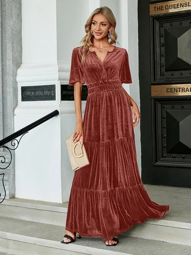 Miniatura 2 de Amegoya Vestido largo de terciopelo de manga corta con cuello en V para mujer, vestido largo formal para invitados de boda, otoño, noche, fiesta