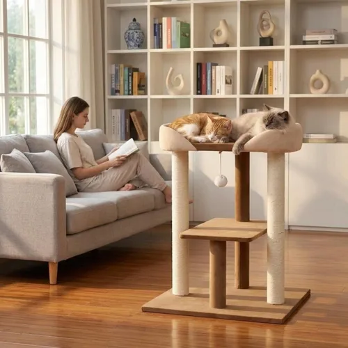 Miniatura 8 de SHENGOCASE Moderna torre de madera para gatos con plataforma extragrande, sofá cama para Maine Coon, diseño de vista de ventana para varios gatos