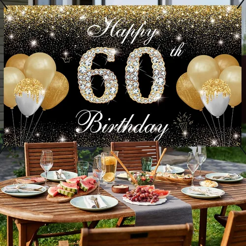 Miniatura 5 de Decoraciones de feliz cumpleaños 60 para hombres y mujeres – Cartel de fondo de cumpleaños 60 negro y dorado, cartel de patio, accesorios de cabina