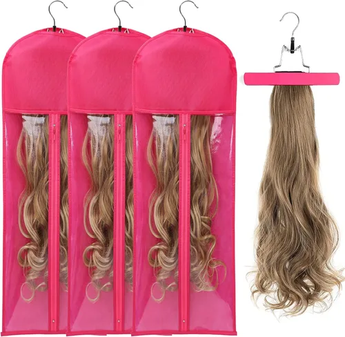 3 piezas de bolsa de almacenamiento extralarga para pelucas con colgador de madera, bolsa de almacenamiento para extensiones de cabello con Rosa Hot