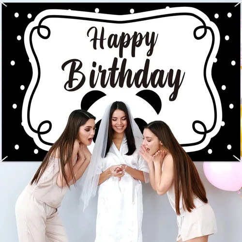 Miniatura 5 de Cartel de feliz cumpleaños de panda lindo telón de fondo blanco y negro oso animales zoológico decoración temática decoración para fiesta