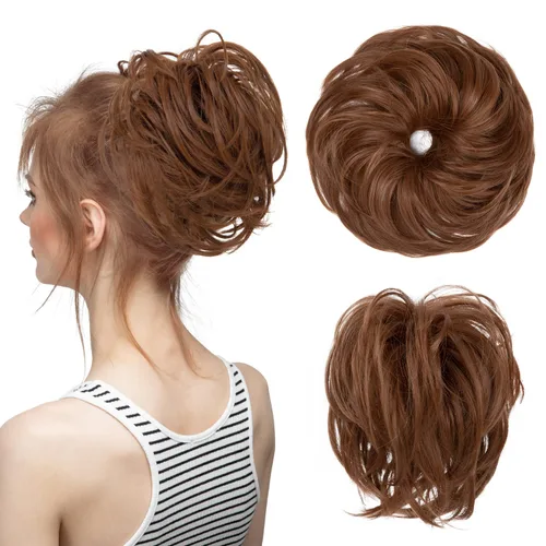 Miniatura 32 de CJL HAIR - Extensión de cabello tipo coletero de chongo desordenado, rizado, sintético, con colas rectas, scrunchies para peinados de moño
