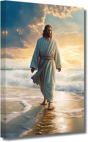 LZIMU Lienzo decorativo para pared, diseño de Jesús caminando en la playa, póster de Dios, obra de arte católica para habitación espiritual,