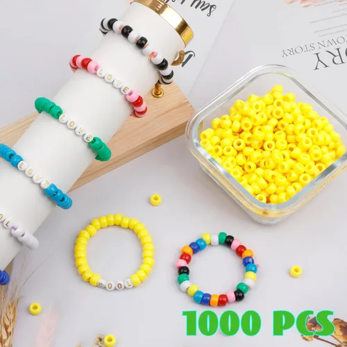 Miniatura 4 de 1000 piezas cuentas de pony para pulsera de 9 mm cuentas de plástico amarillas en barril para collar, cuentas de pelo para trenzas, llavero, Amarillo