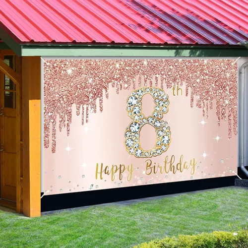 Miniatura 3 de Decoraciones de Fondo de Pancarta de Feliz 8vo Cumpleaños para Niñas, Suministros de Cartel de Fiesta de Cumpleaños 8 de Oro Rosa, Póster de Fondo