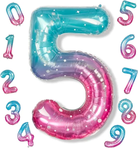 Miniatura 113 de Globos de número azul pastel de 40 pulgadas, globo gigante autoinflable de aluminio número 5 de cumpleaños para niños, globos azul bebé para hombres