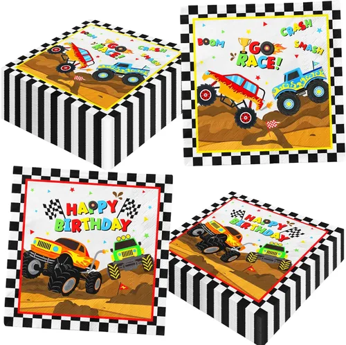Servilletas Monster Trucks, suministros de fiesta de cumpleaños de Monster Machine, 40 servilletas de camión de máquina de feliz cumpleaños para