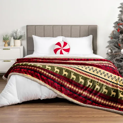 Miniatura 3 de PAVILIA - Manta de Navidad Premium de sherpa, diseño de cabaña verde y roja con estampado de reno, ultra suave, reversible, de forro polar y sherpa