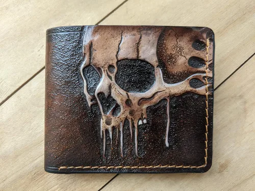 Miniatura 4 de Melting Skull, Zombie, Skeleton, Men's 3D Genuine Leather Wallet, Hand-Carved, Hand-Painted, Leather Carving, Custom wallet, Personalized wallet