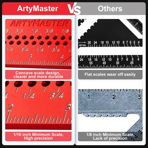 Miniatura 4 de ARTYMASTER Cuadro de carpintero de 7 pulgadas, herramientas de cuadratura de 1/16" de precisión, cuadrado de viga de 0-90° de aleación de aluminio