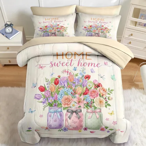 Miniatura 10 de Nesker Juego de edredón de primavera de 5 piezas, tamaño individual, juego de ropa de cama floral con mariposas para niños y adultos, juego