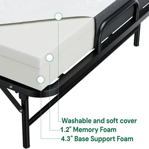 Miniatura 5 de Cama plegable de 75 x 31 pulgadas con colchón para adultos, cama enrollable portátil con ruedas, cabecero y bolsillo, colchón de espuma