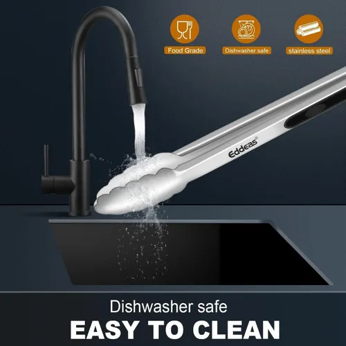 Miniatura 6 de Eddeas Pinzas de cocina – Pinzas de 9 y 12 pulgadas para cocinar, pinzas de metal de acero inoxidable de 600 grados resistentes al calor y mango