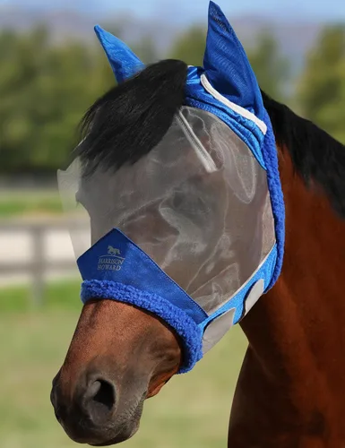Harrison Howard CareMaster - Máscara para mosca de caballo, protección UV, malla fina con lana extra suave al tacto en la piel, color azul campeón,
