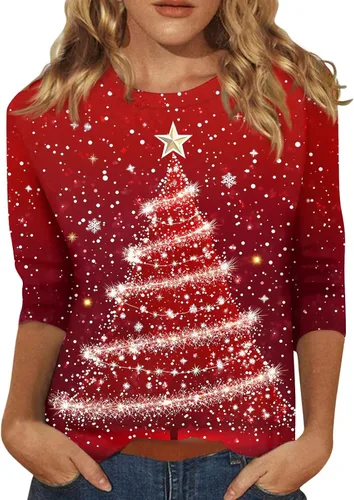 Miniatura 51 de Camisetas de manga 3/4 para mujer, cuello redondo, holgadas, casuales, con estampado floral, camisetas de moda para el trabajo de negocios