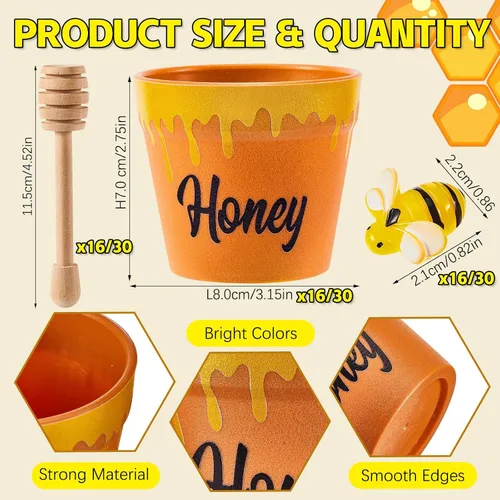 Miniatura 2 de Meekoo - Juego de 16 mini macetas de abeja con cubos de madera, tarros de miel para maceteros de cupcakes, chips de chocolate, temática de abeja