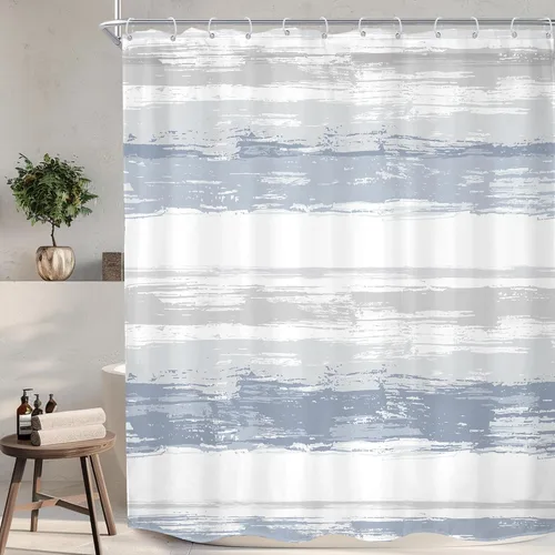Miniatura 9 de KOMLLEX Cortina de ducha abstracta azul para decoración de baño, 72 pulgadas de ancho x 72 pulgadas de alto, moderna, a rayas blancas y grises