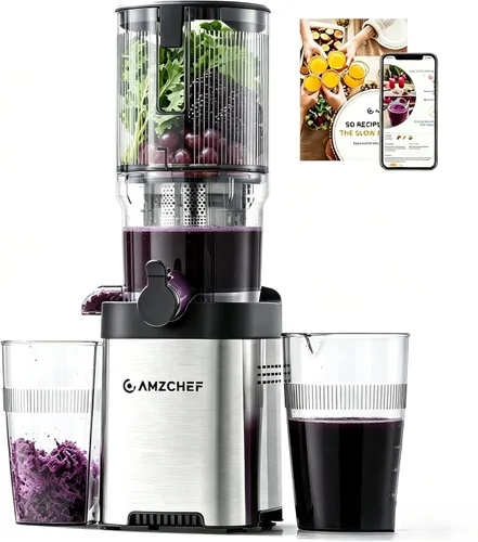 Miniatura 8 de Exprimidor de prensa en frío con autoalimentación extra de 5.2 pulgadas para verduras y frutas enteras, extractor de jugo con barrena grande