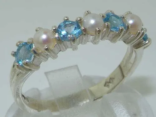 Miniatura 2 de Anillo de eternidad de plata de ley 925 con perla cultivada y topacio azul para mujer