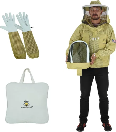 3-Layer Ventilated Mesh Bee Jacket for Men & Women with Veils Sting-Proof Beekeeping Jacket with Leather Gloves & Bag