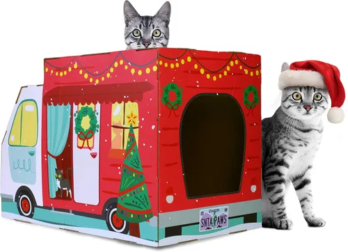 American Cat Club Casa navideña para gatos y rascador para gatos con hierba gatera incluida