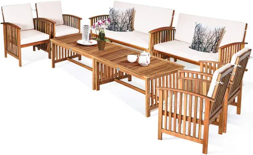 Miniatura 10 de Tangkula - Juego de 4 sofás de madera de acacia para exterior con cojines resistentes al agua, juego acolchado con mesa de centro para jardín, patio