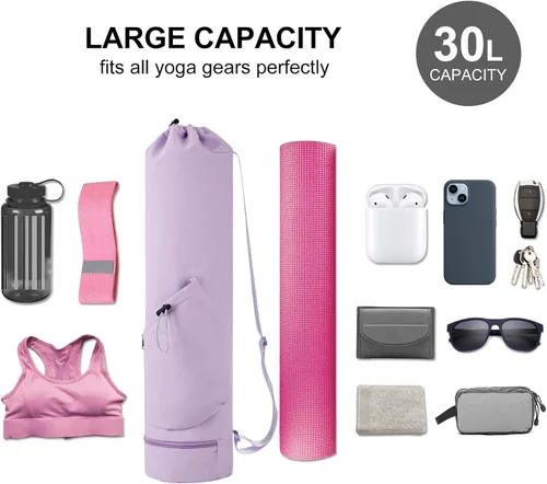 Miniatura 3 de sportsnew Bolsa para esterilla de yoga con bolsillo para botella de agua y bolsillo inferior para artículos mojados, bolsa de transporte para Púrpura