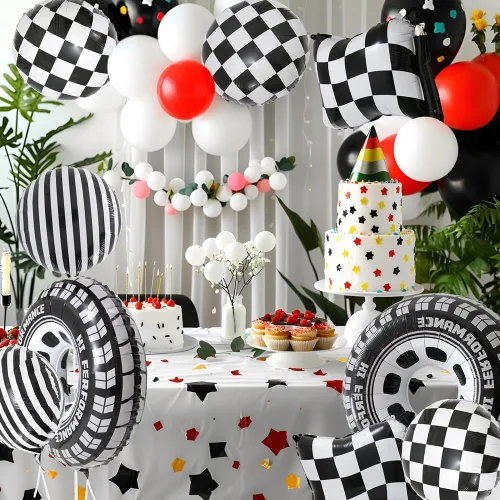 Miniatura 4 de 12 globos de aluminio de automóvil de carreras blanco y negro, globos a cuadros con bandera a cuadros y globos de neumáticos de rueda caliente