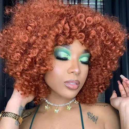 Auburn - Pelucas rizadas para mujeres negras, peluca afro corta suave con flequillo, pelucas sintéticas resistentes al calor, pelucas rizadas afro