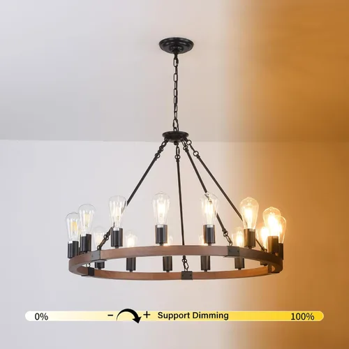 Miniatura 7 de Candelabro de Rueda de Vagón de Madera de 15 Luces, Candelabro de Granja Rústico Vintage con Bombillas E26, 32" Candelabro Industrial