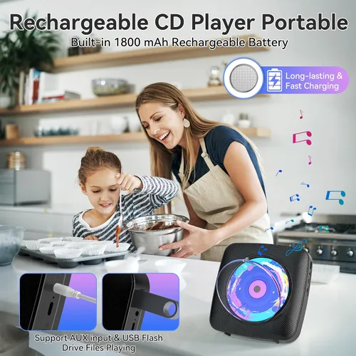 Miniatura 6 de Reproductor de CD portátil con Bluetooth recargable: reproductores de CD para el hogar con 1800mAh Kegaudio de escritorio, reproductor de CD de Negro