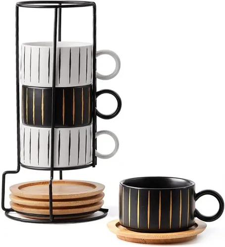 Miniatura 9 de LUKA - Juego de 4 tazas de café espresso apilables de cerámica con tablero de ajedrez en blanco y negro de 6 onzas, con platillos y soporte