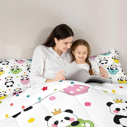 Miniatura 5 de Juego de edredón de panda lindo para niños, 2 piezas, tamaño individual, edredón y juegos de ropa de cama Kawaii Pandas Cupcake para niños y niñas