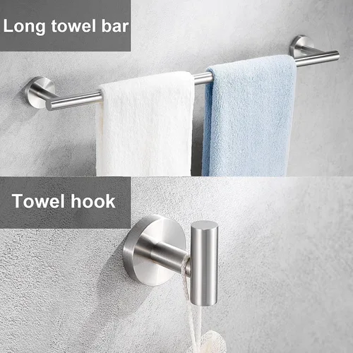 Miniatura 3 de Juego de 6 accesorios de baño de níquel cepillado, anillo de toalla de mano de 16 y 23.6 pulgadas, toallero redondo plateado, ganchos para toallas